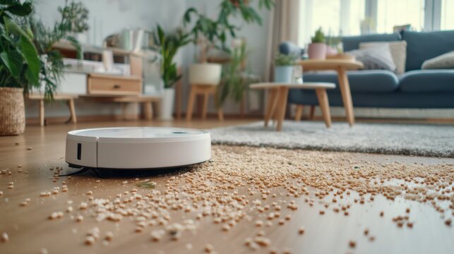 Modern robotic vacuum cleaner tidying up a cozy living room with scattered crumbs on hardwood floor near a comfortable sofa