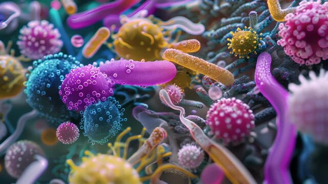 The colorful image shows a microscopic view of the different types of bacteria present in the gut microbiota.