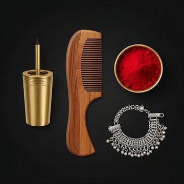  traditional Indian grooming and vanity props, featuring a small brass kohl (kajal) container with stick, an oil-polished neem wood hair comb, a small bowl of red kumkum powder, and a traditional silv