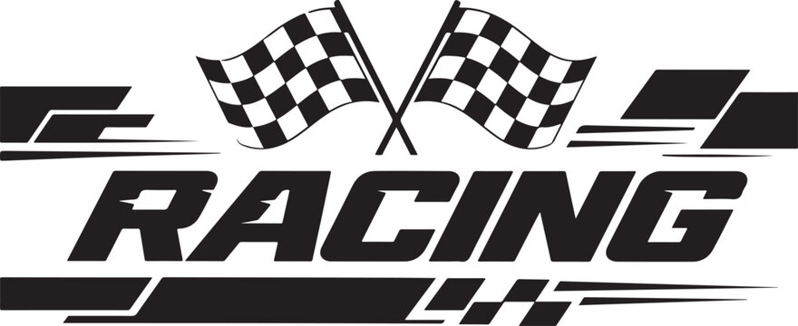 Black and white racing graphic design with two crossed checkered flags and bold speed lettering for sports
