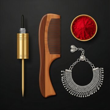  traditional Indian grooming and vanity props, featuring a small brass kohl (kajal) container with stick, an oil-polished neem wood hair comb, a small bowl of red kumkum powder, and a traditional silv