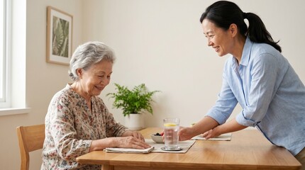 Fototapeta premium Young woman helping elderly woman with activities at home 