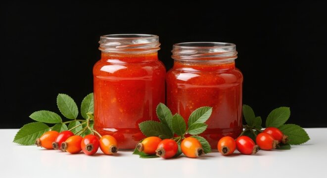 Two jars of rosehip juice with fresh rosehips and leaves