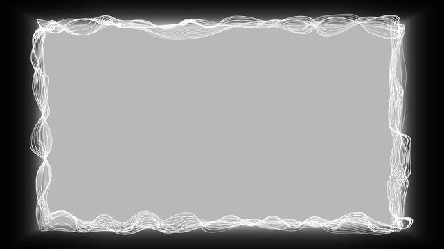 Abstract white glowing wavy lines frame border on black background