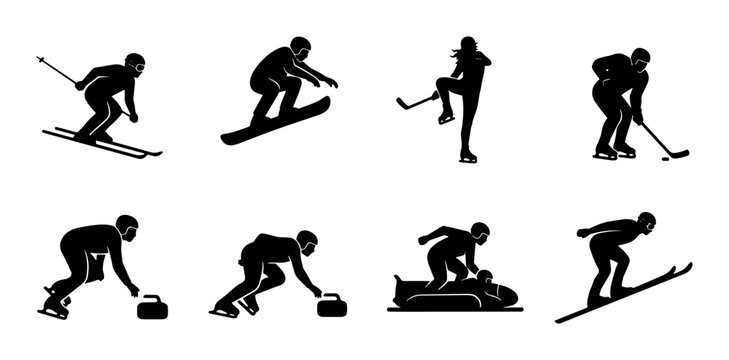 Winter Sports Silhouettes Collection: Skiing, Snowboarding, Ice Hockey, Curling, Snowmobiling, Figure Skating Icons for Active Lifestyle and Recreation