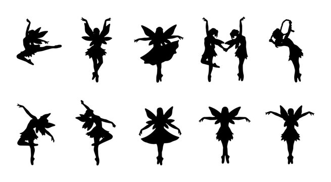 Silhouette Fairy Dancers Vector Set, Enchanting Magical Figures in Ballet Poses, Whimsical Fantasy Characters Collection, Black on White Graphic Elements