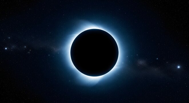 Solar eclipse with bright corona in outer space