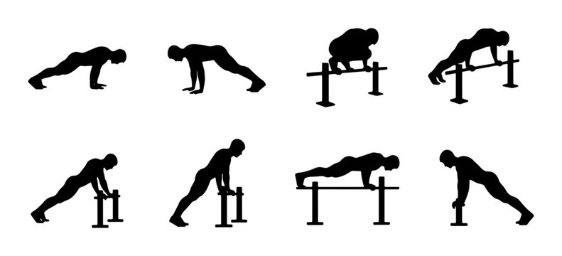 Calisthenics Workout Silhouettes, Parallel Bar Exercises, Fitness Routine Icons, Bodyweight Training Set, Athletic Poses