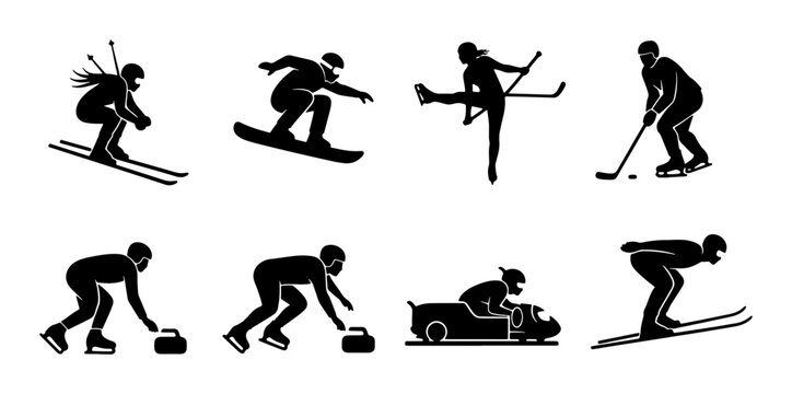 Winter Sports Icons Set: Skiing, Snowboarding, Curling, Ice Hockey, Bobsledding, Figure Skating, Silhouette Collection for Graphic Design