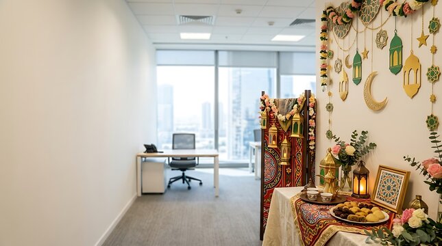 Office decorated for ramadan celebration with traditional decor