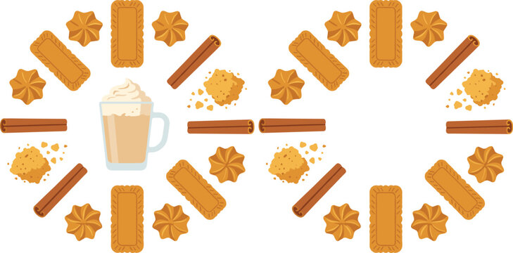 Cinnamon Spiced Coffee Latte Vector Set with Speculoos Cookies Biscuit Crumbs and Cinnamon Sticks Circular Elements for Autumn Cafe Menu Design