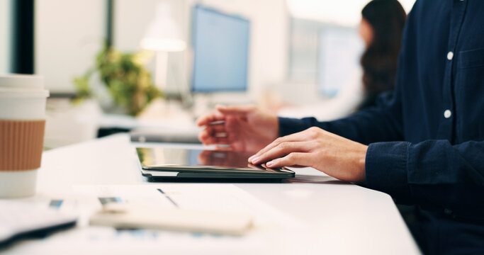Hands, person and closing laptop in office for productivity, finish work and deadline of investment. Employee, coworking and done with pc, task completion and end of shift at accounting company