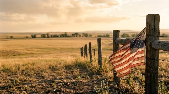 Rustic wooden fence with american flag in a golden prairie field