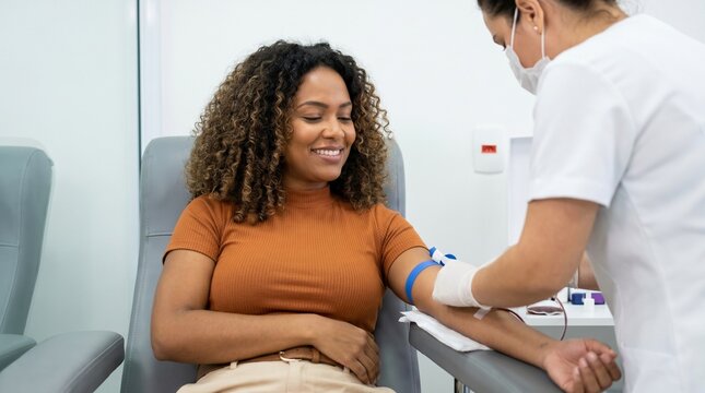 Gerado por IA: Mulher brasileira sorridente doando sangue em uma cl&iacute;nica com uma enfermeira. Conceito de sa&uacute;de e Dia Mundial do Doador de Sangu