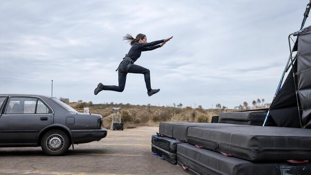 Professional Stuntwoman Jumping from Car onto Safety Mats on Action Movie Set