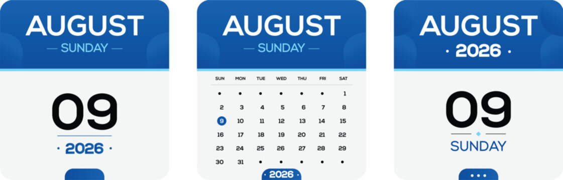 August 9 2026 Sunday Calendar Date Card Blue Modern Minimal Template for Planner Reminder Office Event Schedule Digital Printable Wall Desk Business Graphic Layout Clean Set