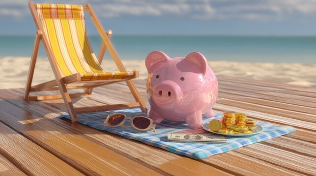 Relaxing Beach Scene with Piggy Bank, Chair, Sunglasses, Money, and Snacks on a Sunny Day by the Ocean