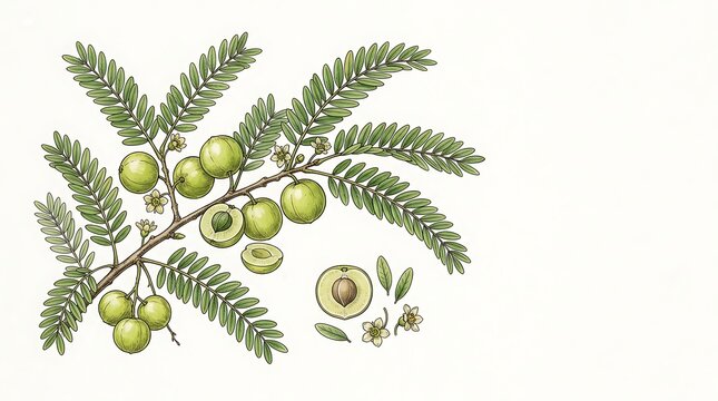 Botanical illustration of amla branch with gooseberry fruit and leaves