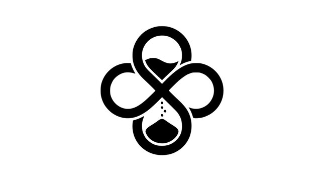 Abstract graphic icon fusing an hourglass with an infinity loop. Symbolizes continuous time, eternal flow, and precious fleeting moments, representing measured existence