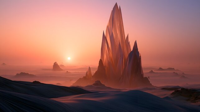 Alien horizon reveals colossal crystalline structure under a warm triple sunset glow across vast desert dunes
