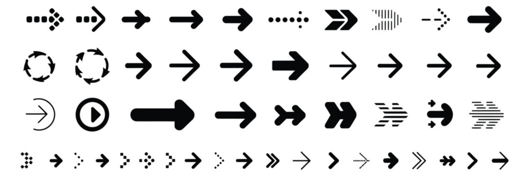 Arrow icon set, black vector cursor arrows, direction pointer symbols, modern simple navigation signs, assorted arrow graphics collection.