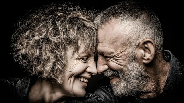 and white style image of partners laughing together against dark studio background expressing authentic happiness