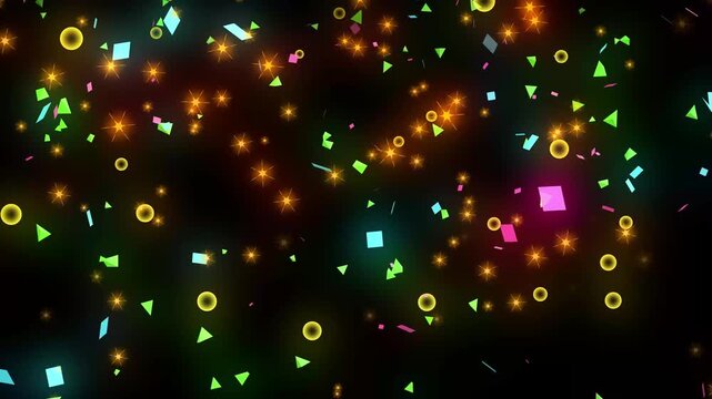 Colorful confetti bubbles, star, rectangle paper floating with glittering light, Colorful bubbles, star, rectangle falling on black background, Festive holiday overlay, celebration, confetti floating
