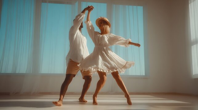 of couple slow dancing in sunlit white living room with airy curtains