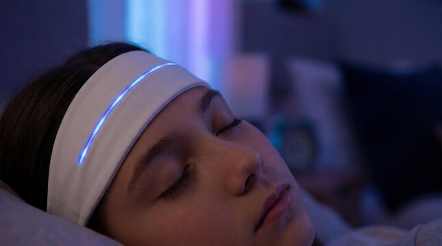 EEG headband sleep technology with glowing LED sensor during rest