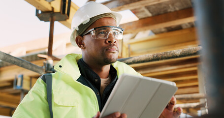 Construction, man and thinking with tablet on site for building progress, property vision or...