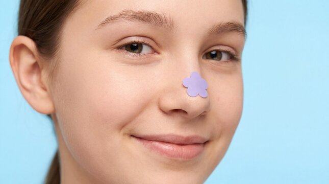 Smiling teenage girl wearing a purple flower pimple patch on her nose.