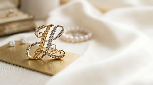 Elegant script letter brooch with diamonds on luxury fabric