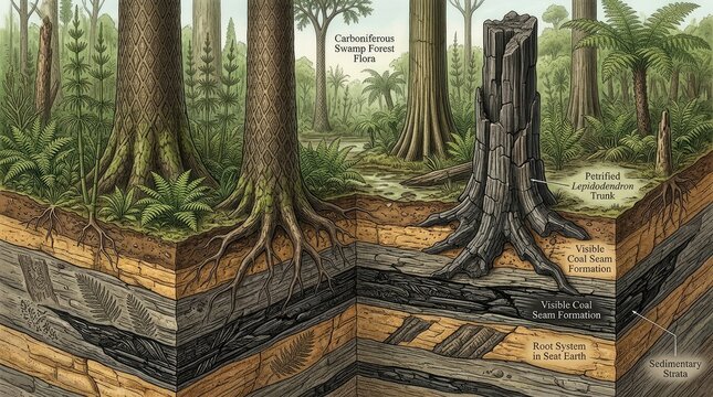 Cross Section of Carboniferous Swamp Forest With Visible Coal Seam Formation and Petrified Lepidodendron Trunk.jpg