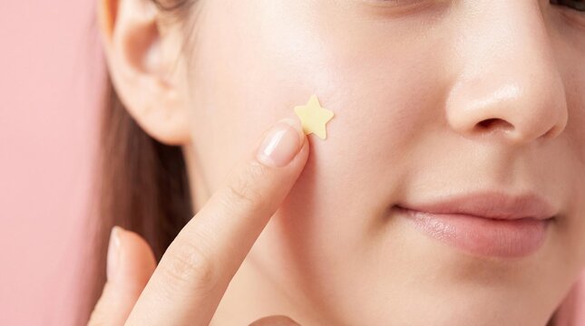 Woman applying a yellow star pimple patch on her cheek over pink background.