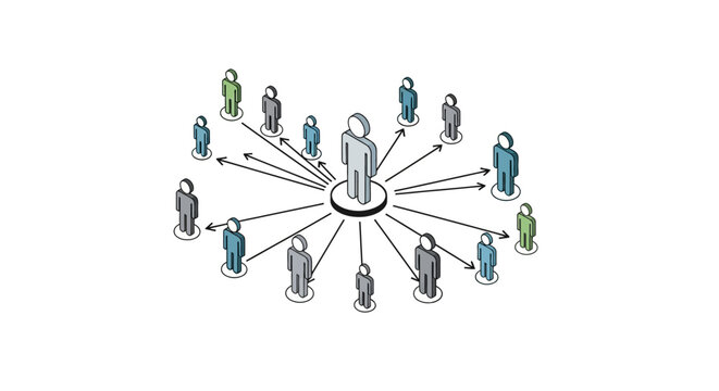 Centralized network diagram with diverse professional figures.