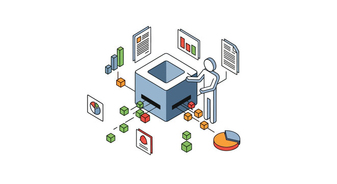 Isometric illustration of modern data processing technology concept.