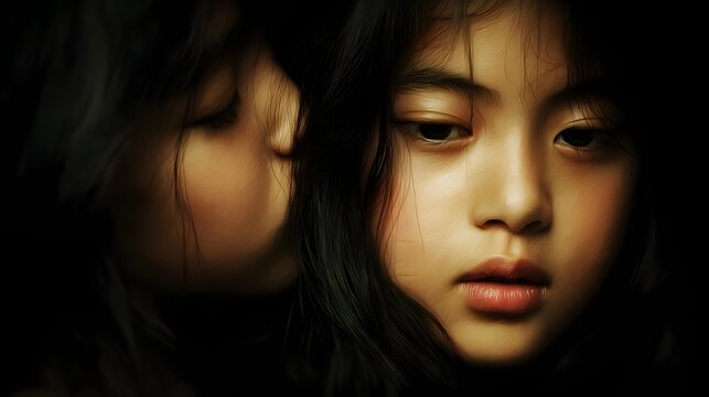 sharing secret whisper in dim black background with soft side lighting creating intimate mood