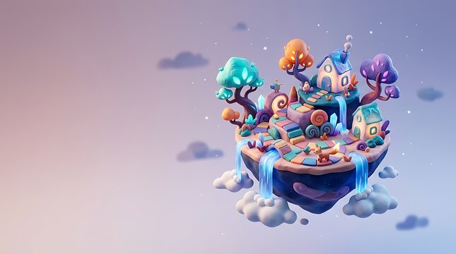 Magical floating island with tiny houses and glowing trees at night