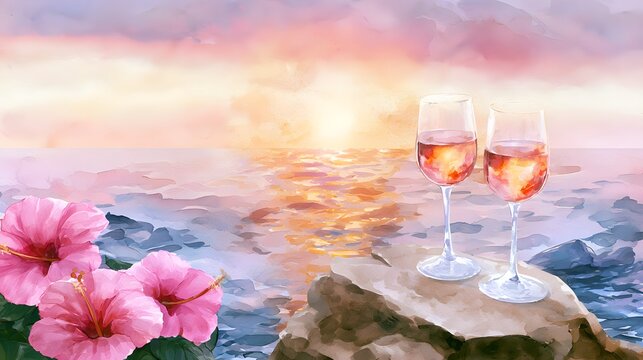 Ros&eacute; sunset tranquility a watercolor illustration of coastal luxury and vibrant floral beauty
