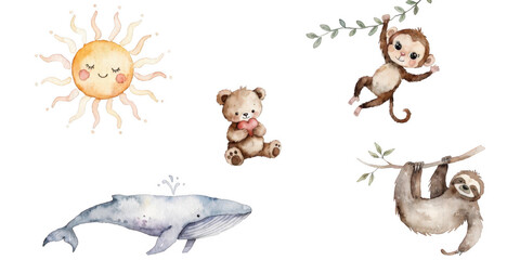 Obraz premium Whimsical Watercolor Clipart Collection: Smiling Sun, Cute Animals, and Ocean Life