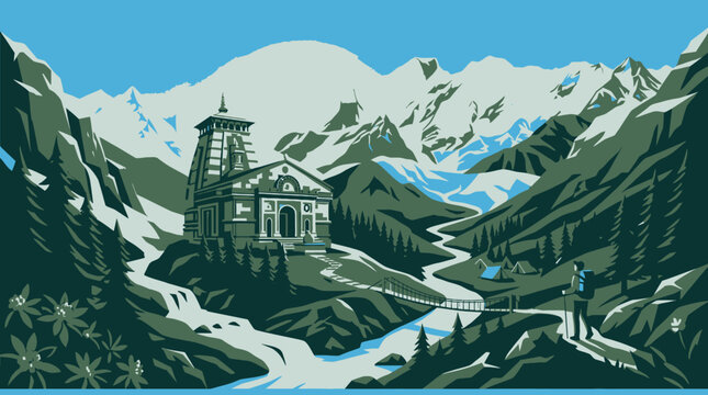 Uttarakhand vector landscape with mountain temple and lone hiker