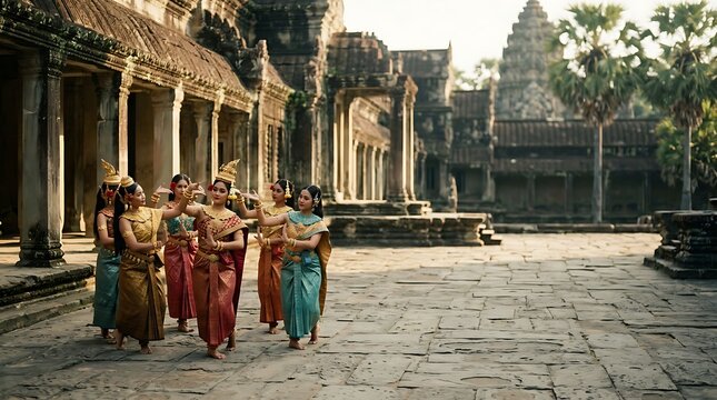 Traditional khmer dancers performing at an ancient stone temple