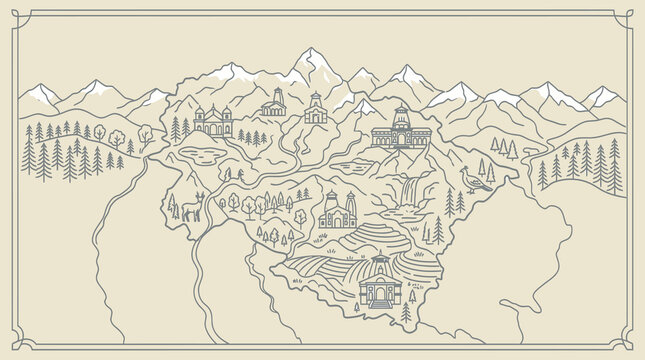 Uttarakhand vector line art map of himalayan mountains and temples
