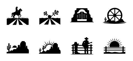 Western Icons Collection: Cowboy Silhouette, Desert Landscape, Ranch Elements, and Sunset Scenes. Vector Graphics for Rural and Wild West Themes. © Ariful