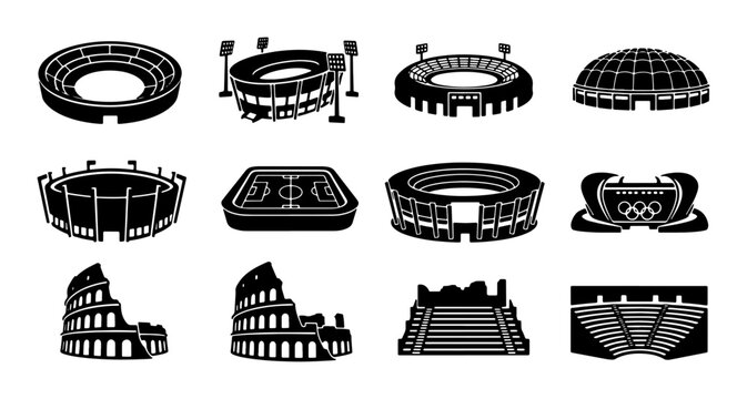 Stadium Icons Set, Sports Arenas & Architectural Landmarks Vector Collection, Modern & Ancient Building Silhouettes for Event Design