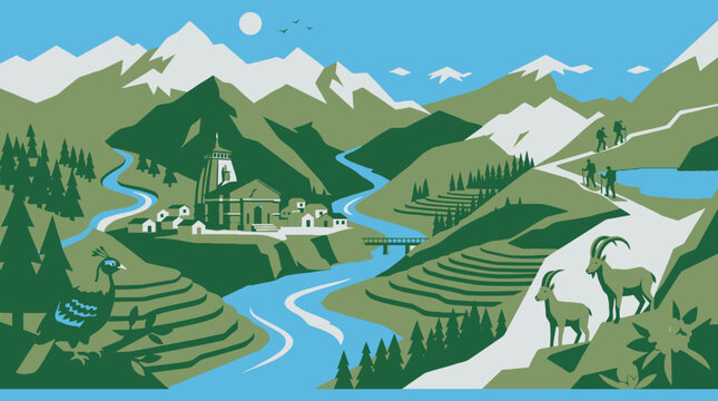 Scenic uttarakhand vector landscape with mountains and temples