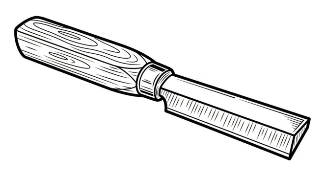 A worker holds a flat wood chisel tool with wooden handle