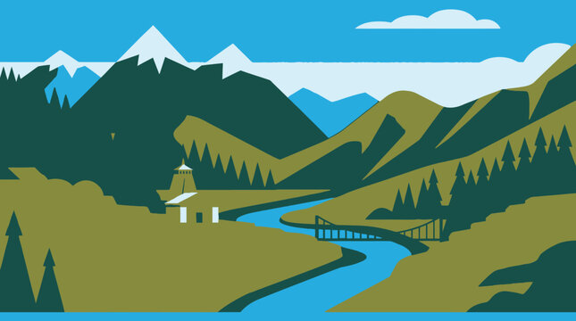 Uttarakhand vector landscape with majestic mountains and river