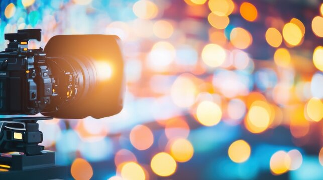 Camera lens catches light in city at night during a lively urban scene