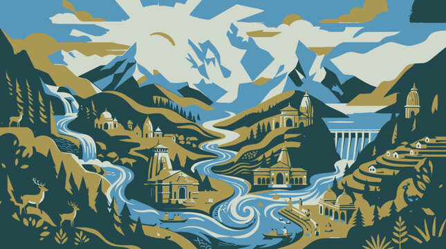 Uttarakhand vector landscape with himalayan peaks and temples